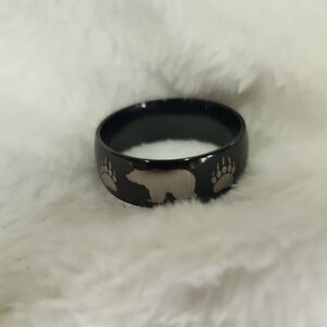 🐻‍❄ Black Ring with Bear and Paw Print Design Stainless Steel Sz 11